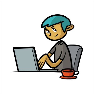 Elinde kahve fincanıyla dizüstü bilgisayarda çalışan bir adam.