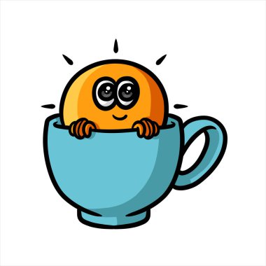 Kahve fincanı çiziminde gülümseyen güneş karakteri.