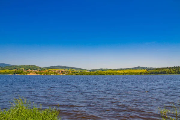 Přehradní nádrž Lipno-Horni Plana, Česká republika, v jasném letním dnu. Jezero je klidné, čisté modré vody. Na obloze nejsou žádné mraky. Spousta stromů na pozadí. — Stock fotografie