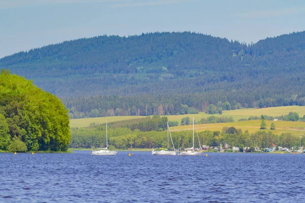 A Lipno Dam-Horni Plana, Cseh Köztársaság, egy világos nyári napon. A tó nyugodt, tiszta kék vízzel. Nincsenek felhők az égen. Sok fa a háttérben. — Stock Fotó