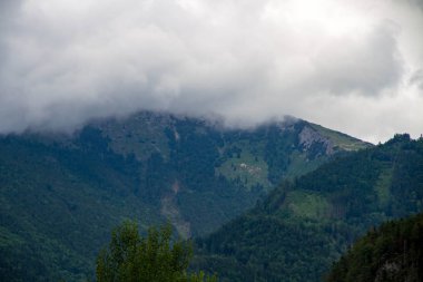 Attersee 'nin göl kenarında sakin bulutlu bir gün ve yazın sonlarında arka planda dağlar. Attersee Gölü Avusturya Salzkammergut 'unda