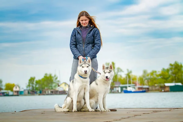 Young beautiful girl with red hair is sitting on a pier with two husky dogs. Woman with a pair of Siberian Husky — Stock Photo, Image