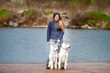 Kırmızı saçlı genç güzel kız iki husky köpek ile bir iskelede oturuyor. Sibirya Husky bir çift ile Kadın