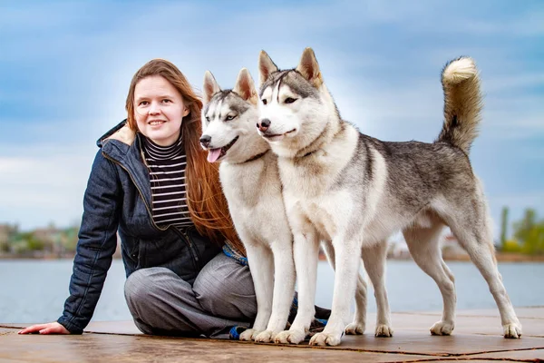 Joven chica hermosa con el pelo rojo está sentado en un muelle con dos perros husky. Mujer con un par de Husky siberiano —  Fotos de Stock