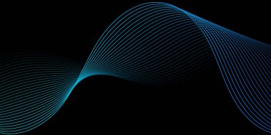 Pankart dalgalarıyla soyut arkaplan. Orta boy pankart. Çizgileri olan vektör arkaplanı. Tasarım elementi siyahta izole edildi. Siyah ve mavi eğim. Broşür, broşür, broşür. Karanlık, gece, okyanus