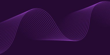 Pankart dalgalarıyla soyut arkaplan. Orta boy pankart. Koyu mor üzerine izole edilmiş çizgilerle vektör arkaplanı. Mor renkte. Broşür, kitapçık.