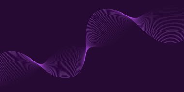 Pankart dalgalarıyla soyut arkaplan. Orta boy pankart. Koyu mor üzerine izole edilmiş çizgilerle vektör arkaplanı. Mor renkte. Broşür, kitapçık.