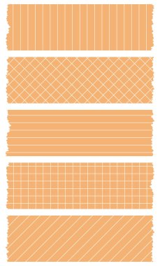 Beyaz üzerine izole edilmiş turuncu washi bantları. Kaset toplama vektörü. Albümler için dekoratif kaset parçaları. Yırtık kağıt. Satırlar, hücre