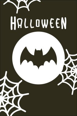 Cadılar Bayramı kartı. Düz yarasa ve ay simge siyah arka plan üzerine beyaz renkte. Yaratıcı eğlence illüstrasyon.