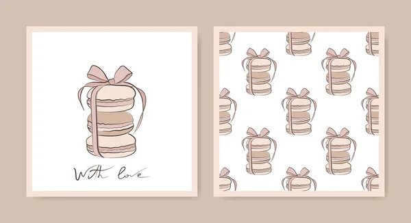 Set Biscotti Maccheroni Disegno Modello Senza Soluzione Continuità Dolci Macarune — Vettoriale Stock