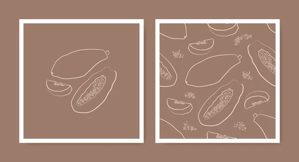 木瓜线图标设置与种子 热带无缝图案 手绘扁平水果图标 色泽柔和 背景为褐色 自然异国情调的水果墙纸质地 食品包装说明 — 图库矢量图片