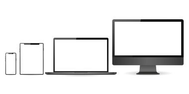 Mockup kümesi gerçekçi monitör, dizüstü bilgisayar, tablet ve telefon