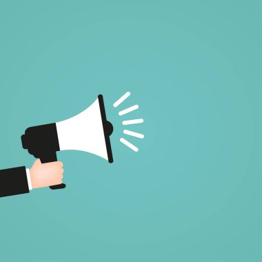 Mavi izole arka plan üzerinde el ile megafon