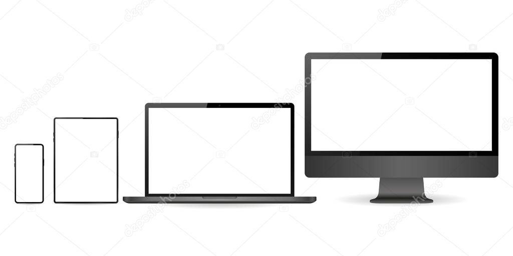 Mockup set of realistic monitor, laptop, tablet and phone