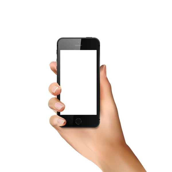 Realistische Hand Met Mobiele Telefoon Geïsoleerd Witte Achtergrond — Stockvector