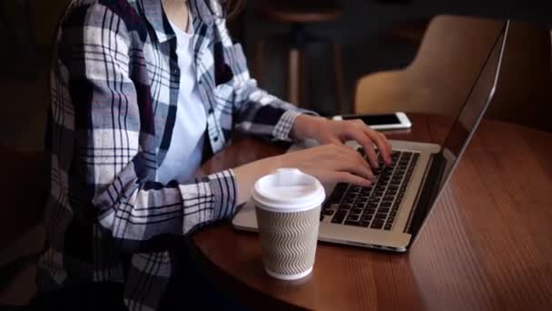 Mooi Meisje Werkt Computer — Stockvideo