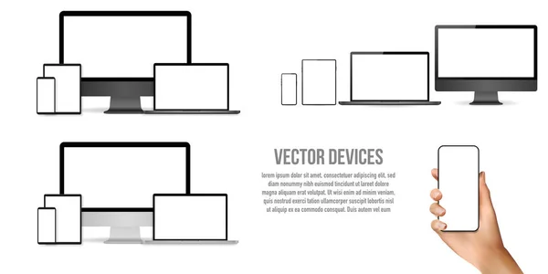 Büyük gerçekçi cihazlar seti. Mock ups monitör, dizüstü bilgisayar, telefon, t