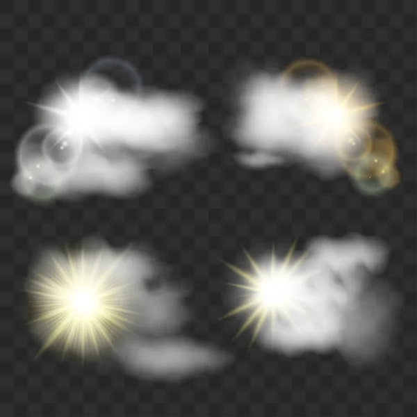 Vector Set Van Realistische Geïsoleerde Wolk Met Zon Transparante Achtergrond — Stockvector