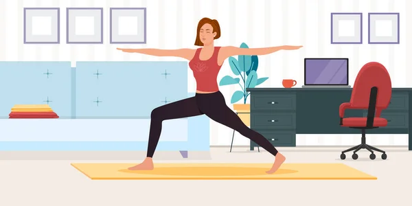 Mujer Haciendo Actividad Casa Practicando Yoga Meditación Vector Ilustración — Vector de stock