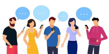 Kadın ve erkek iletişimi. Konuşma baloncukları olan ikonlar. Vektör illüstrasyonu