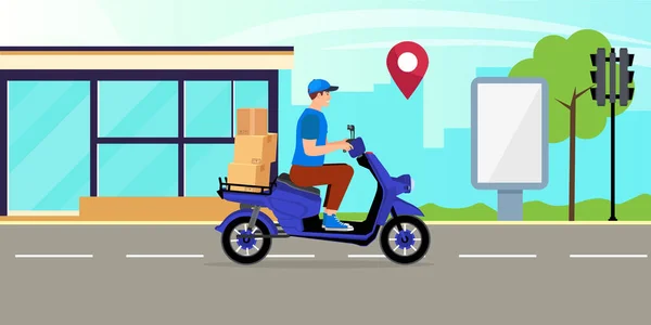 Courier Homem Montando Entrega Scooter Com Caixa Comida Fundo Cidade — Vetor de Stock