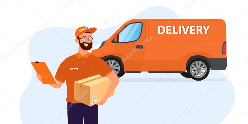 Delivery man standing in front of his van. Courier smiles against the background of a delivery car