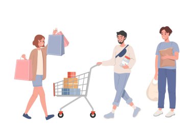 Alışveriş torbaları ve alışveriş sepetleri taşıyıcısı olan bir grup insan.