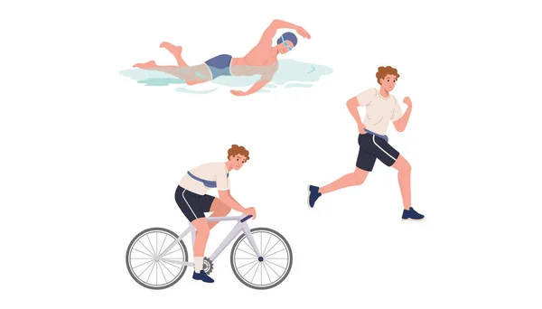Młody Sportowiec Pływa Biegnie Jeździ Rowerze — Wektor stockowy