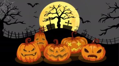 Jack Lantern ya da balkabağı çizgi filmi animasyonu. Cadılar Bayramı korkunç kabak hareketi grafiksel 4k video. Patlar ve ateşle yanar.