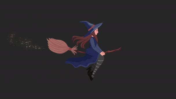 用扫帚上的女巫巫婆驾驶着扫帚棒在动漫动画中飞行 神奇的金粉散落 万圣节快乐 — 图库视频影像