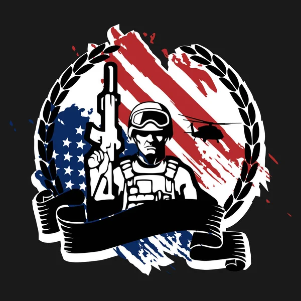 Soldat Mit Waffe Auf Dem Hintergrund Der Flagge Amerikas Vektorillustration — Stockvektor