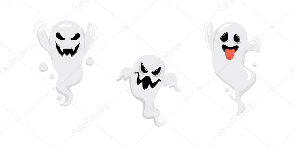 Set of halloween white ghosts, funny faces. Autumn holidays vector