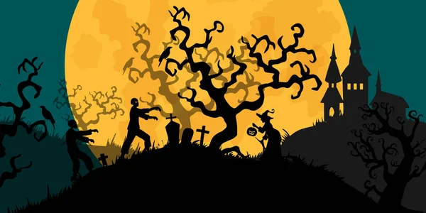 Halloween Banner Einer Gespenstischen Nacht Mit Zombie Und Hexe Happy — Stockvektor