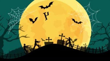 Zombi ve cadıyla Ürkütücü Gece 'de Cadılar Bayramı pankartı yürüyor. Cadılar Bayramı deseni renk ayarlaması kolay