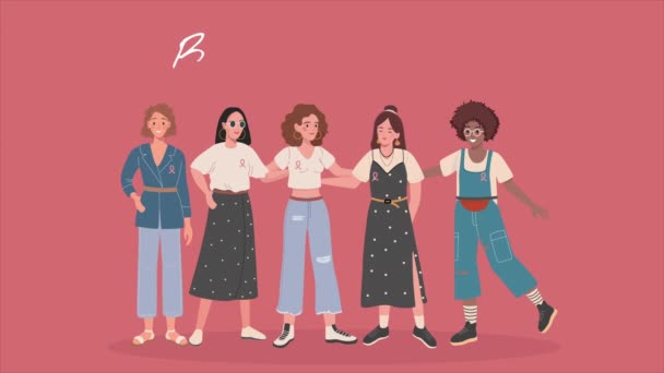 Bulan Kesadaran Kanker Payudara Dari Beragam Kelompok Teman Wanita Berpelukan — Stok Video