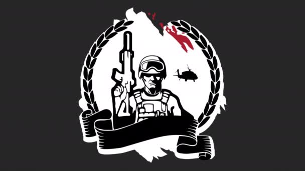アメリカの国旗を背景に武器を持つ兵士をアニメーショングラフィックビデオ — ストック動画