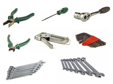 Beyaz arka plan üzerinde krom araçları kümesi