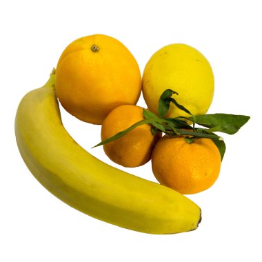 Çeşitli tropikal narenciye ile bir portakal ve muz. Üstten görünüm.