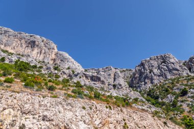 Dramatik kireçtaşı uçurumları ve Akdeniz bitkilerinin bulunduğu kayalık dağ oluşumları berrak mavi gökyüzü altında, doğal manzara engebeli beyaz taş kanyon duvarları yeşil çalı