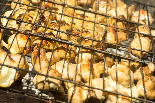 Cogumelos Champignon Grelhados Fecham Churrasco Saboroso Nos Fins Semana — Fotografia de Stock