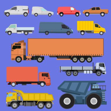 Kamyon simgeler vektör yoldan araba araç taşımacılık nakliye ayarlayın. Dağıtım Araç araba kargo kamyonları ve Raylı araba Stapler ile. Düz stil ikonları römork kamyon trafiği illüstrasyon
