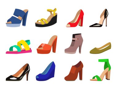 Bayan Ayakkabı deri koleksiyonu mokasen ayakkabı sandalet illüstrasyon renkli düz moda tasarım vektör