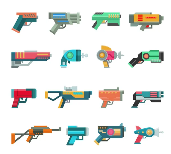Cartoon gun vector toy blaster for kids game with futuristic handgun and children raygun of aliens in space illustration set of child pistols and laser weapon isolated on white background — Stock Vector