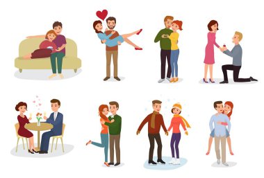 Çift karakter güzel ilişkiler sevgi dolu tarihte Sevgililer günü birlikte ve erkek öpüşme kız yürekli resimde kümesi beyaz arka plan üzerinde izole sevilen aşk vektör sevenler