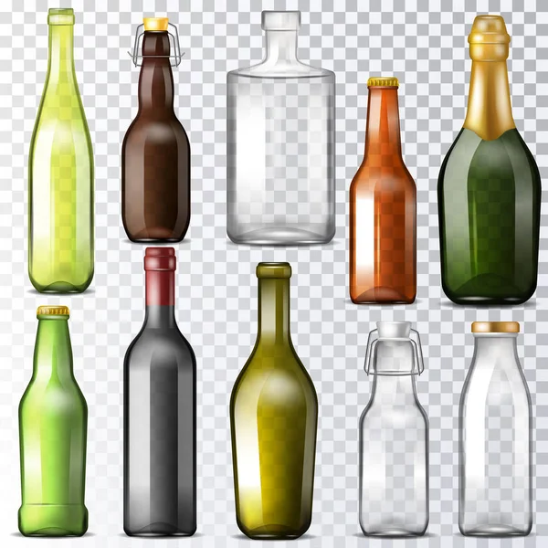 Bicchiere vettoriale in vetro di bottiglia d'acqua-bottiglia e coppa-vetro o vetro-vaso per bevande o bevande illustrazione set di vino o birra bottiglia-vetro modello isolato su sfondo trasparente — Vettoriale Stock