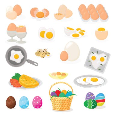 Yumurta Paskalya gıda ve sağlıklı eggwhite veya yumurta-Kupası'nda sarısı ya da pişirme omleti tavada yumurta kabuğu ve beyaz arka plan üzerinde izole malzemeler şekilli yumurta kahvaltı resimde kümesi için vektör