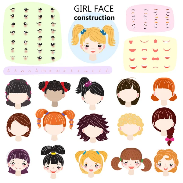 Girl face constructor vector kids character avatar and girlish creation head lips or eyes illustration girlie set of facial elements construction with children hairstyle isolated on white background — Stock Vector