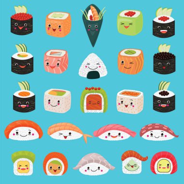 Kawaii gıda vektör ifade Japon Suşi karakter ve emoji sashimi rulo ile arka plan üzerinde izole yüz duygularla Asya mutfağı ayarla Japonya Restoran illüstrasyon karikatür pirinç