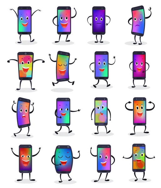 電話 emojji ベクトル スマート フォン絵文字の文字と携帯電話または携帯電話式ガジェット デジタル モバイル デバイス感情が白い背景で隔離のイラスト セット — ストックベクタ