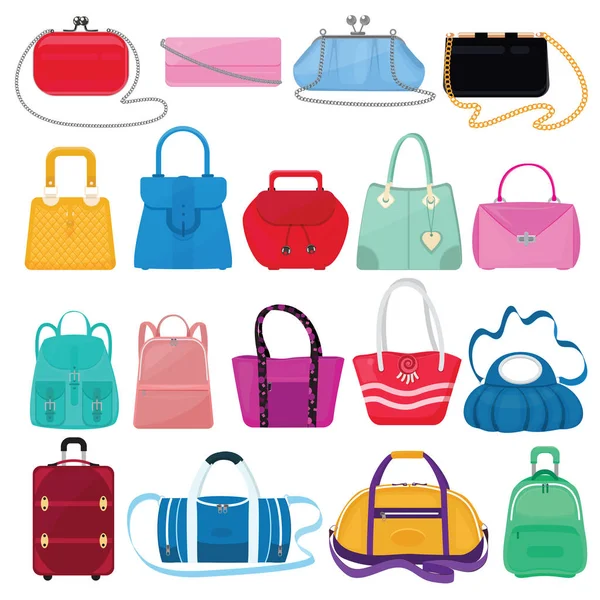 女包矢量女孩手提包或钱包和购物袋或离合器从时装店插图宽松的购物包和手提箱在白色背景下隔离 — 图库矢量图片